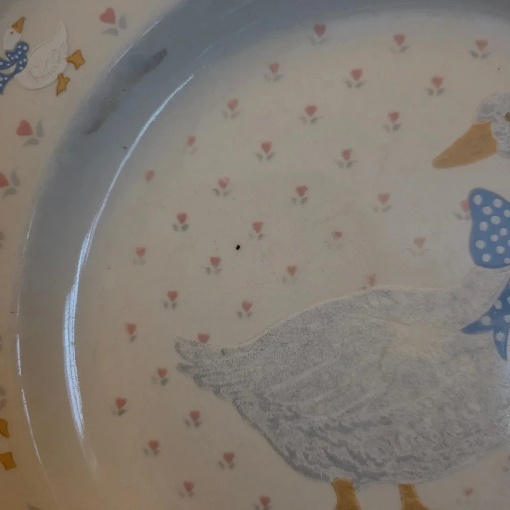 Brick Oven Stoneware Aunt Rhody Goose Dinner Plate Blue Polka Dot Bow 10.5 inch